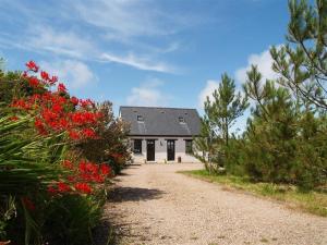 a house with red flowers on the side of a road at Cockshead Cottage in Saint Dogmaels