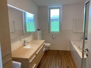 ein Badezimmer mit einem Waschbecken, einem WC und einem Spiegel in der Unterkunft Luxus Penthouse Bregenz Feldmoos mit Whirlpool & riesen Terrasse, nahe Festspiele in Bregenz