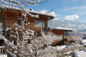 una baita di tronchi nella neve con una montagna di Landhaus Neussl a Kaltenbach