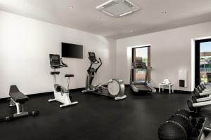 a gym with several exercise equipment in a room at Hotel du Roi & Spa by SOWELL COLLECTION in Carcassonne