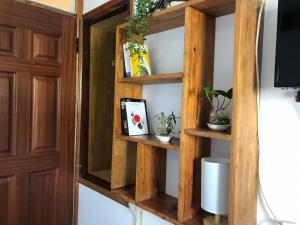 a wooden book shelf with potted plants and a television at Len’s hostel in Da Lat