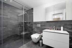 a bathroom with a toilet and a glass shower at Swiss Hotel Apartments - Interlaken in Interlaken +63 photos