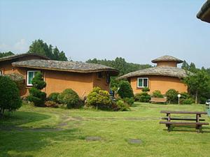 a house with a bench in front of it at Angkure Pension in Seogwipo