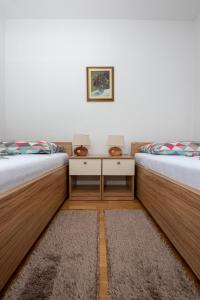 duas camas num quarto com duas mesas e um tapete em Apartmani Špoljar em Zupanja