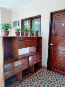 a wooden shelf with potted plants on it next to a door at Two Season Tourist Inn in San Vicente