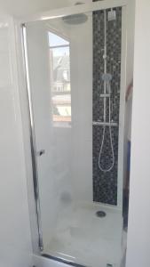 a bathroom with a shower with a glass door at Studio Cosy 2 adultes in Reims +7 photos