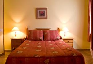 1 dormitorio con 1 cama con 2 mesitas de noche y 2 lámparas en Apartamentos la Regoria, en Arenas de Cabrales