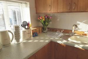 a kitchen counter with a sink and a vase of flowers at The Garden Room in Chichester