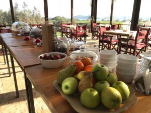 a wooden table with a plate of fruit on it at Torre di Baratti Bio Resort in Populonia