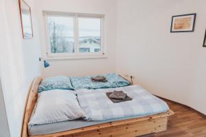 a bed in a room with a window at Ferienwohnung Stern-Schürz in Obertrum am See