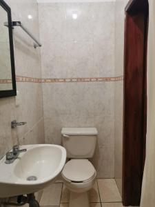 uma casa de banho com um WC branco e um lavatório. em Hotel Arcos del Carmen em San Cristóbal de Las Casas