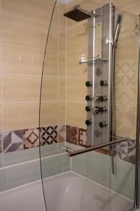 a shower with a glass door in a bathroom at Pension Grant Lux Znojmo in Znojmo