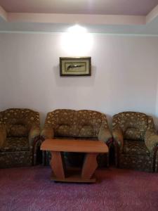 a living room with two couches and a table at Готель Турист in Mohyliv-Podilʼsʼkyy
