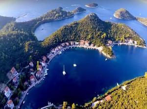 an island with boats in a large body of water at Apartments Malo Lago in Lastovo