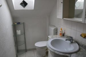 a white bathroom with a toilet and a sink at Apartment mit Gartenblick und kleines Apartment im 3 Familienhaus in Mülheim an der Ruhr