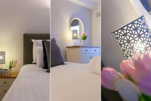 two pictures of a bedroom with a bed and a mirror at 21 Carthew Court in St Ives