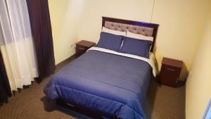 アレキパにあるCASA DE TURISTAS AREQUIPAのベッドルーム1室(大型ベッド1台、青いシーツ、枕付)
