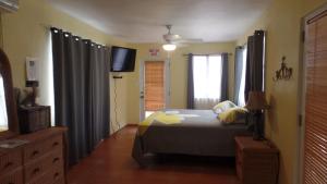 a bedroom with a bed and a dresser at Isla Hermosa Guesthouse in Vieques