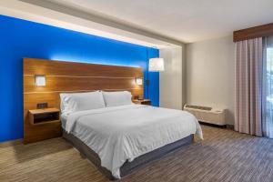 a bedroom with a large bed with a blue wall at Holiday Inn Express Cape Coral-Fort Myers Area by IHG in Cape Coral +37 photos