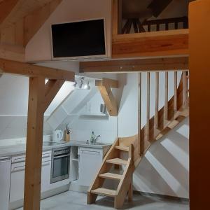 a kitchen with a loft bed with a tv at Altes Siedlerhaus Nesebanz in Gustow
