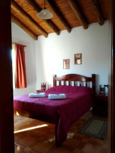 1 dormitorio con 1 cama con colcha púrpura en Cabañas Cumelen en Potrero de los Funes