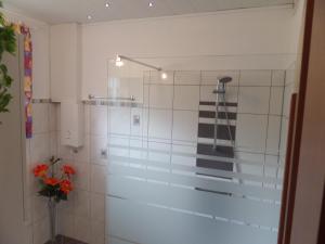 prysznic ze szklanymi drzwiami w łazience w obiekcie Ferienwohnung Maier w mieście Flattach