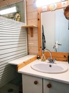 La salle de bains est pourvue d'un lavabo et d'un miroir. dans l'établissement Chalet à Gassin au calme sous les pins, à Gassin