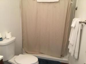 a bathroom with a shower curtain and a toilet at Casita in Pahrump