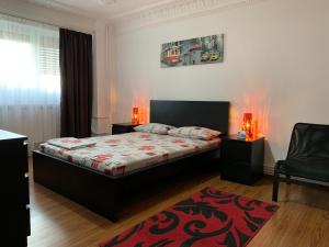 una camera da letto con un letto e un tappeto rosso di Center Apartment a Galaţi