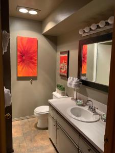 uma casa de banho com um lavatório, um WC e um espelho. em Der Sportsmann Suites em Leavenworth