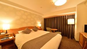 a hotel room with a bed and a television at Okayama Koraku Hotel in Okayama