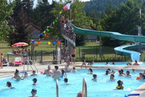 a group of people in a swimming pool at Gîte La Maison Toute de Travers in Le Malzieu-Ville