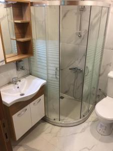 La salle de bains est pourvue d'une douche, d'un lavabo et de toilettes. dans l'établissement İstanbul Terrace Hotel, à Istanbul
