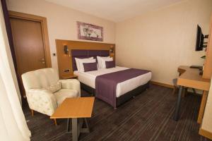 um quarto de hotel com uma cama e uma cadeira em New Garden Hotel em Diarbaquir
