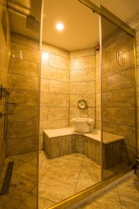 y baño con ducha y aseo. en New Garden Hotel, en Diyarbakir