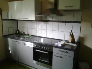 a small kitchen with a stove and a sink at Seebach Vermietung in Weisendorf