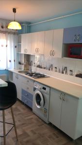 een keuken met een wasmachine en een wastafel bij Laguna Albastră Residence in Piatra Neamţ