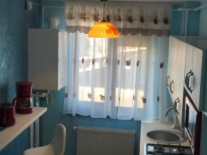 a small kitchen with a window and a sink at Laguna Albastră Residence in Piatra Neamţ