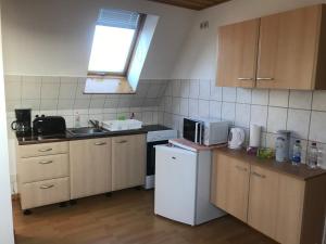 uma pequena cozinha com um lavatório e um frigorífico em Ferienwohnung "Grünes Tor" bei Dresden em Dohna