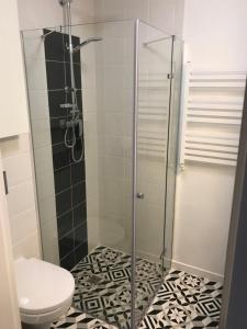 a bathroom with a toilet and a glass shower at Apartament 44m2 w centrum in Tuchola