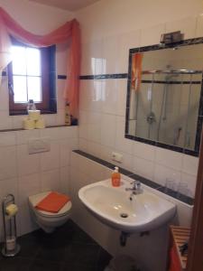 a bathroom with a sink and a toilet and a mirror at Knollnwies in Alpbach