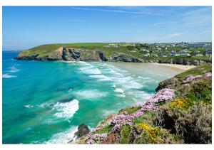 a view of the ocean and a beach with purple flowers at Travellers Rest in Newquay