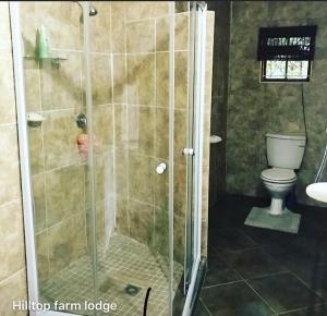 a bathroom with a shower and a toilet at Hill Top Farm Lodge in Sea Park