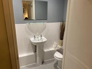 a bathroom with a sink and a toilet and a mirror at Southernwood - Studio 2 in Didcot +1 photo