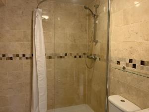 a bathroom with a shower with a glass door at Southernwood - Garden Lodge 1 in Didcot +1 photo
