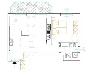 Načrt razporeditve prostorov v nastanitvi GF Holiday Suite