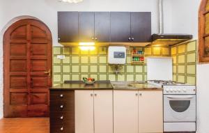 a kitchen with white cabinets and a brown door at Vila Grosa in Sveti Juraj