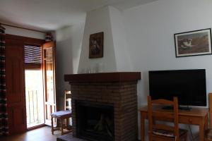 a living room with a fireplace and a flat screen tv at Apartamentos Rurales Rosendo: El Jazmin in Capileira