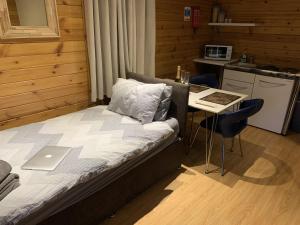 a bedroom with a bed and a table with a laptop at Southernwood - Garden Lodge 7 in Didcot