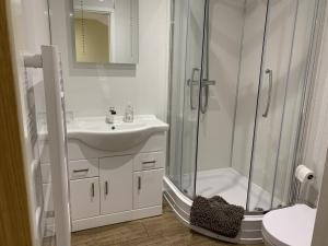 a white bathroom with a shower and a sink at Southernwood - Garden Lodge 12 in Didcot